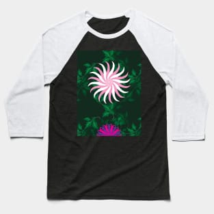 White, Pink, Cerise and Purple Flowers on a Vine Leaves and Forest Green background Baseball T-Shirt